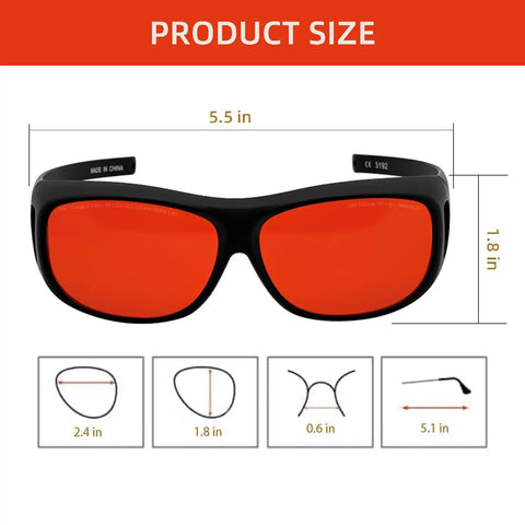 Heavy Duty Laser Safety Glasses Providing Wide Angle View Block 190 To 540 Nm UV in black with red lenses, measuring 5.5x1.8 inches.