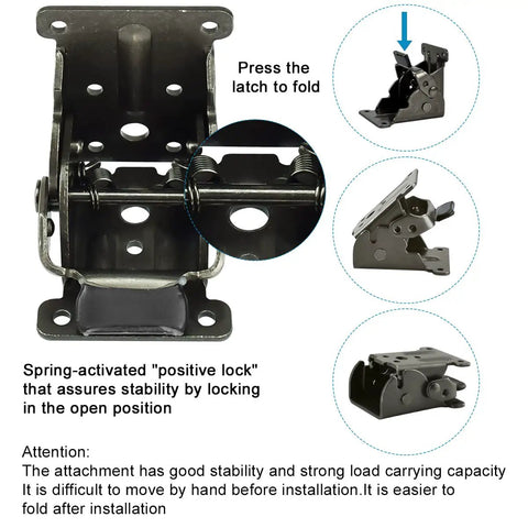 Rock Solid Folding Leg Brackets 4 Pack Heavy Duty Self Locking Steel Mounts with screws, showing locking mechanism and springs.