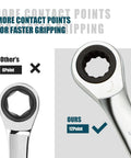 Close-up of 15mm Ratcheting Combination Wrench, Chrome Vanadium Steel, showing 12-point gear design for improved grip.