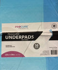 Premium LeakProof Disposable Bed Pads 23X36 Inch 50Count packaging showing blue underpads for incontinence and dog spills.