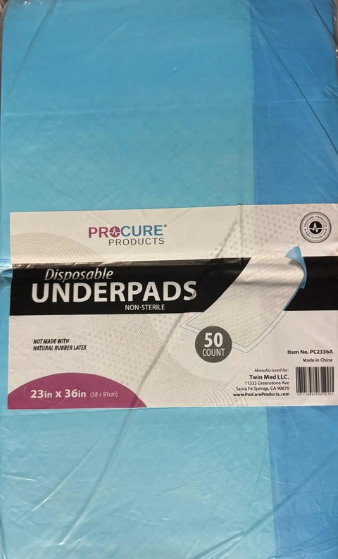 Premium LeakProof Disposable Bed Pads 23X36 Inch 50Count packaging showing blue underpads for incontinence and dog spills.