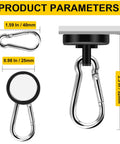 Heavy Duty Magnetic Hooks Set, 70 Lbs Neodymium Magnets With Swivel Carabiner, dimensions shown with metal surface application