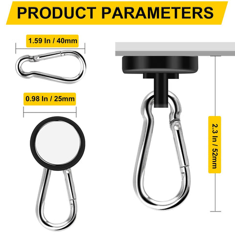 Heavy Duty Magnetic Hooks Set, 70 Lbs Neodymium Magnets With Swivel Carabiner, dimensions shown with metal surface application