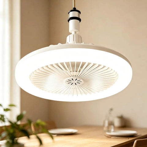 3 Color Dimmable - Flush Mount Ceiling Fan, Quiet Light Remote, Bedroom, white round design with LED light, suitable for dining areas.