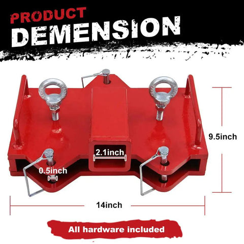 Heavy Duty Forklift Trailer Hitch Attachment With Dual 2 Inch Receiver Crafted From Rugged Steel That Knocks Loads Out Of The Park Without Breaking A Sweat On Rough Job Sites, showing dimensions.