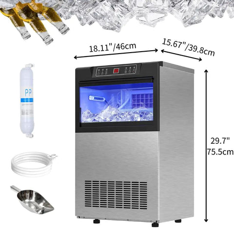 Stainless steel 100 Pound Ice Maker Machine For Home Cafe Bar And Restaurant Use Under Counter Or Freestanding, with accessories.