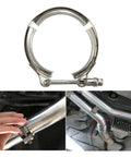 Sick 304 Stainless Steel Exhaust V Band Clamp Engineered For Extreme Heat Drag Racing And Street Builds With Rock Solid Seal And Zero Leakage Two Inch Diameter shown in use with exhaust pipes.