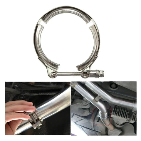 Sick 304 Stainless Steel Exhaust V Band Clamp Engineered For Extreme Heat Drag Racing And Street Builds With Rock Solid Seal And Zero Leakage Two Inch Diameter shown in use with exhaust pipes.