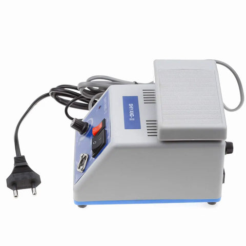 Micro Motor Handpiece For Lab Jewelry Ceramics Silicone Glasswork Woodcarving Artware Blue With Foot Switch Dual Rotation 35000 RPM AC Powered Pro Grade Craft Tool side view showing foot switch and plug