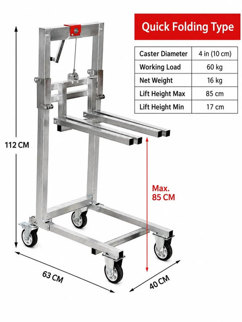 Heavy Duty Portable Manual Lift Stack With Folding Winch Crank Handle Material Handler, 112 cm tall, 63 cm wide, 40 cm deep.