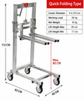 Heavy Duty Manual Winch Lift Stacker Raising Gear 132 LB Portable Folding Material Lifter for Boxes and Equipment side view with dimensions