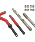 M10 1.0 Thread Repair Kit 15 Piece Set With Metal Drill Bit Tap And Threaded Inserts For Quick Onsite Machine Repairs Pro Grade Restores Damaged Threads And Keeps Automotive And DIY Projects Running Smooth. drill bit tap and inserts laid out