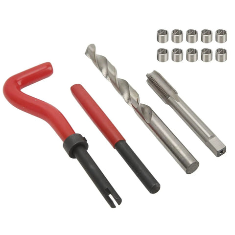 M10 1.0 Thread Repair Kit 15 Piece Set With Metal Drill Bit Tap And Threaded Inserts For Quick Onsite Machine Repairs Pro Grade Restores Damaged Threads And Keeps Automotive And DIY Projects Running Smooth. drill bit tap and inserts laid out