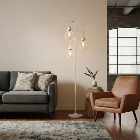 Teardrop Modern LED Floor Lamp With Three Cage Shades For Bedroom Office And Living Room Tall Industrial Standing Tree Lamp With Dope 2700K Warm Edison Bulbs And 550 Lumens Per Bulb Black