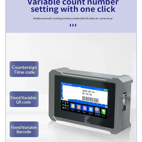 Heavy Duty Industrial Inkjet Printer With 4.3 Inch Touchscreen displaying variable count settings and QR code options.