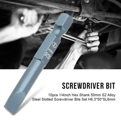 Top Tier Slotted Screwdriver Bits Set With 10 Pieces Featuring Tough S2 Alloy Steel, Magnetic Hold, And 1/4 Inch Hex Shank Perfect For Heavy Duty Drilling And Pro Tool Kits. 50mm slotted bit