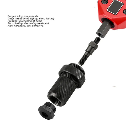 Pro Grade Rivet Nut Tool Kit With 175 Rivet Nuts And 6 Mandrels M3 To M10 showcasing a black M8 mandrel and component