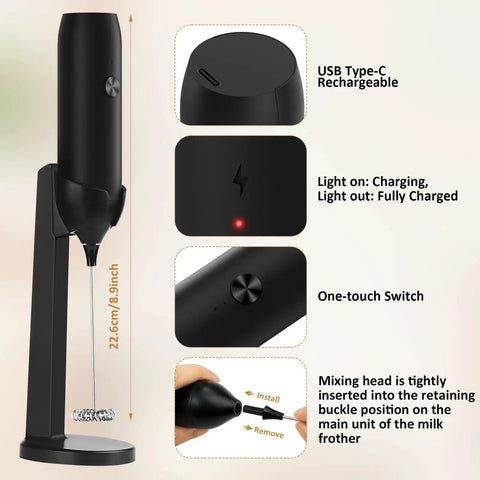 Rechargeable USB Type C Milk Frother Handheld With Stand Powerful Electric Foam Maker For Coffee Lattes Cappuccinos
