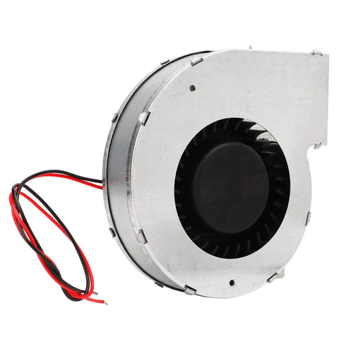 Beefy 12V Brushless Blower Fan Delivers 62.49 CFM At 5500 RPM With Dual Ball Bearings, side view of metal casing, red and black wires