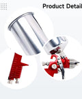 Close-up of Heavy Duty HVLP Paint Spray Gun Kit features gravity feed aluminum cup and tweakable air valve.
