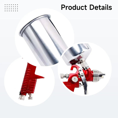 Close-up of Heavy Duty HVLP Paint Spray Gun Kit features gravity feed aluminum cup and tweakable air valve.
