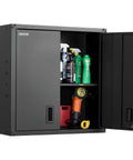 Sturdy Steel Wall Cabinet for Garage and Home Storage, 30W x 12.2D x 30H Inches, Locking Doors, Adjustable Shelves, Holds Up To 120 Lbs Per Shelf, Space Saving Floating Cabinet for Tools and Supplies, Wall Mounted, Black open with tools and spray bottles