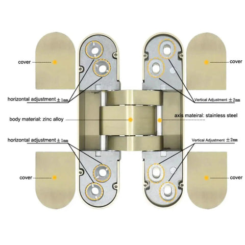Beast Mode Heavy Duty Wood Door Invisible Hinge Concealed Adjustable Stainless Steel Hidden Pivot with detailed adjustment markings.