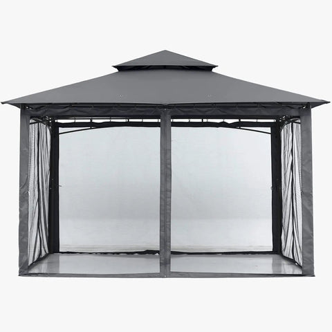Front view of Sturdy 10x12 Patio Gazebo With Outdoor Steel Frame And Mosquito Netting For Lawn, Backyard, Garden Or Deck, Dark Gray