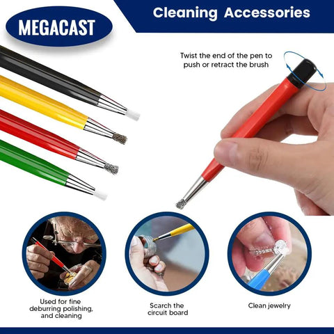 Pro Grade Four Piece Scratch Brush Set With Fiberglass, Brass, Steel And Nylon Nibs For Cleaning Jewelry, Watches, Coins, Circuit Boards
