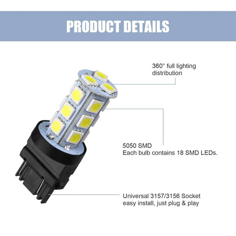Lit 10 Pack 3156 3157 LED Tail Lights With 18 SMD Chips 6500K White DC12V, showing full 360° lighting distribution and socket detail.