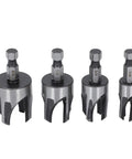No Sweat Wood Dowel Drill Set With Tapered Plug Cutter Bits includes 4 sizes, hex shank steel, ideal for furniture repair and carpentry.