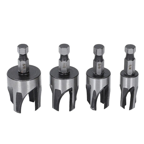 No Sweat Wood Dowel Drill Set With Tapered Plug Cutter Bits includes 4 sizes, hex shank steel, ideal for furniture repair and carpentry.