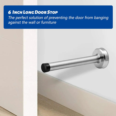Heavy Duty 6 Inch Wall Door Stopper Set Premium Stainless Steel Brushed Nickel Finish mounted on wall, with grippy rubber bumper.