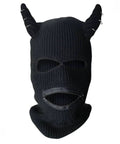 Knitted Full Face Ski Mask Balaclava For Winter Outdoor Gear with black horns, cozy polyester wool face cover for skiing