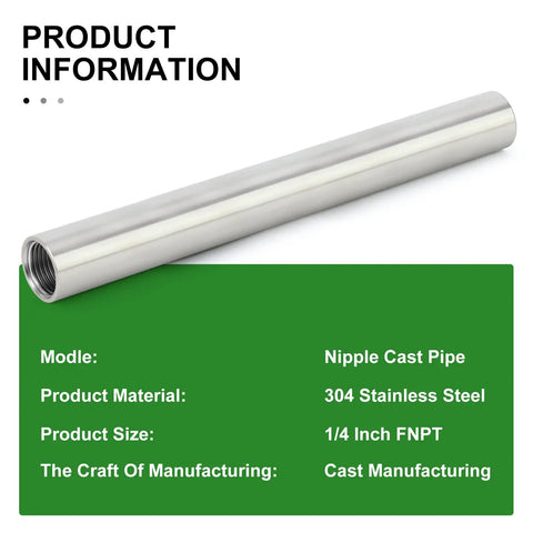 2-Pack Stainless Steel Pipe Nipples 1/4 NPT Female X 1/4 NPT Female, 10 Inch Length, 304 Stainless, product information displayed
