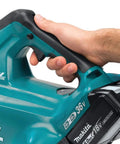 Close-up of hand gripping the handle of the Top Tier Heavy Hitter 36V Brushless Leaf Blower Kit With Dual 18V Batteries.