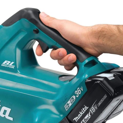 Close-up of hand gripping the handle of the Top Tier Heavy Hitter 36V Brushless Leaf Blower Kit With Dual 18V Batteries.