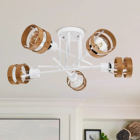 Five Light Matte White Sputnik Ceiling Light Fixture With Wood Band Accents Semi Flush Mount shown in a living room setting