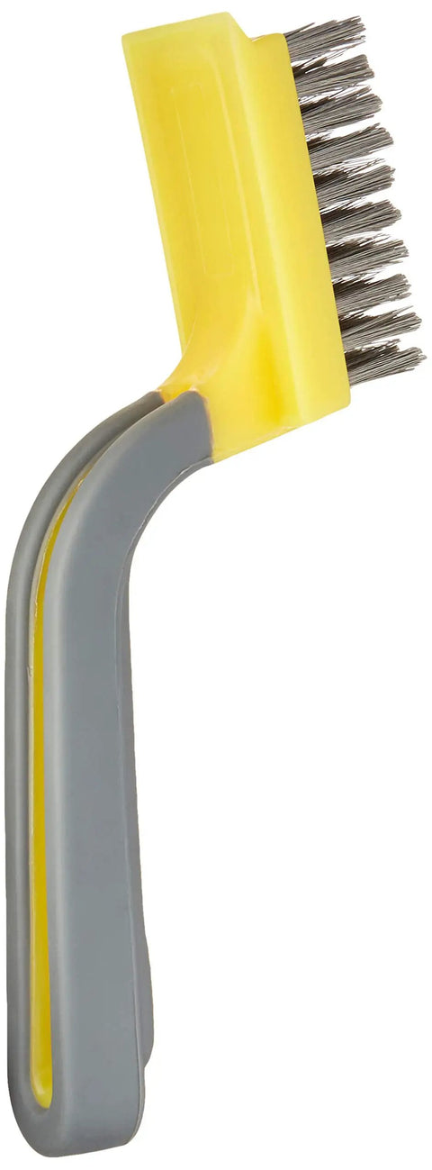 Wide Stainless Steel Wire Stripper Brush With Soft Grip Offset Handle And Plastic Scraper For Paint Rust And Scale Removal Black And Yellow