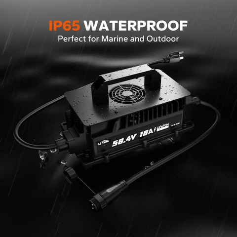 IP65 Waterproof 58.4V 18A LiFePO4 Battery Charger for 48V Systems, showing AC and DC connectors, suitable for marine use.