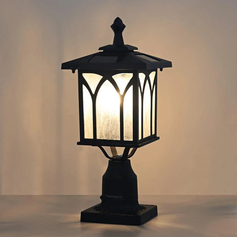 Solar Post Light Outdoor Cast Aluminum LED Lamp Fixture With 3 Inch Fitter Base for yard garden poles and driveways, glowing at dusk