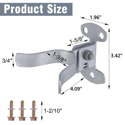 Fork Gate Latch For Chain Link Fence 1-3/8 Inch Wall Mount with padlock hole, screws included, galvanized steel hardware dimensions