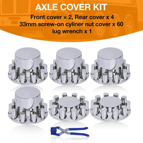 Chrome ABS Flat Top Hub Cover Kit 33mm Thread On Lug Nut Covers For Semi Trucks And Trailers with wrench shown
