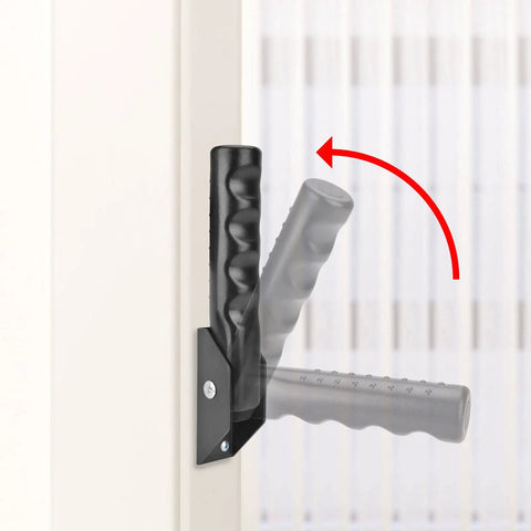 Doorway Flip Assist Handle Plus Stair Safety Grip providing sure footed balance stability for elders, 300 lb capacity, black and gray grip.