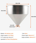 Heavy Duty 30L Filling Machine Hopper, 10 Gallon Stainless Steel 304 Food Grade, with dimensions and material details