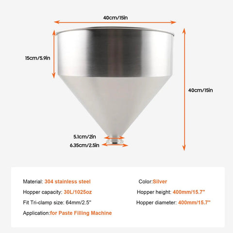 Heavy Duty 30L Filling Machine Hopper, 10 Gallon Stainless Steel 304 Food Grade, with dimensions and material details