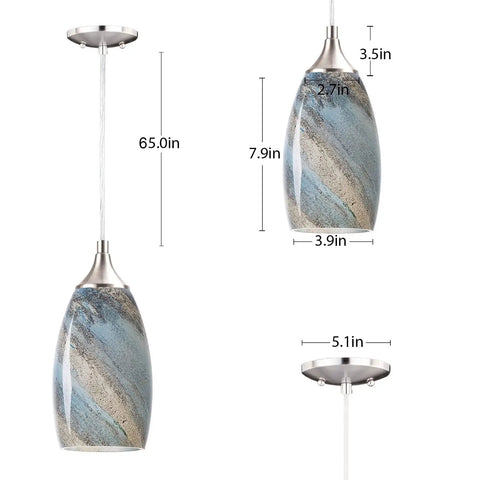 Hanging Pendant Light With Marble Glass Shade Handcrafted Oval Art Glass Fixture In Brushed Nickel Finish Adjustable 75 Inch Cord E26 Socket 60W Max Edison Style Living Room Kitchen Dining Area Lighting