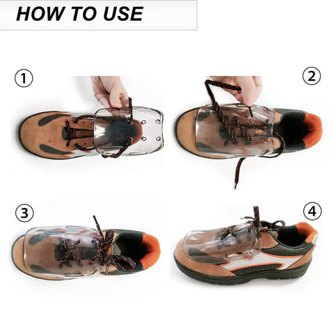 Metatarsal Guards For Work Boots Polycarbonate Non Conductive Safety Toe Protector Attachment Universal Size Transparent Pair fitted on shoes