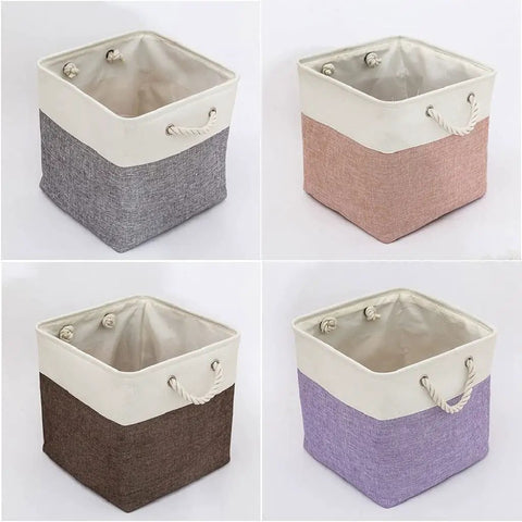 Chunky Foldable Linen Fabric Storage Basket With Tough Cotton Rope Handles, Collapsible Cube Bin For Closets, Laundry Hampers And Laid Back Home Organization, Quick Fold Space Saver in assorted colors.