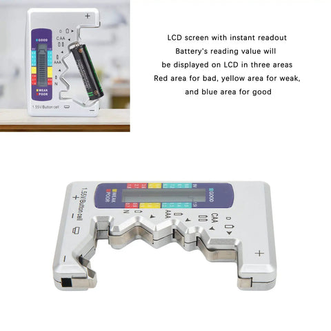 LCD Universal Battery Checker for AA AAA C D 9V and 1.5V Cells with Three Color Readout Red Yellow Blue and Pro Grade Battery Capacity Meter for Home Use Everyday, white plastic handheld tester with LCD screen